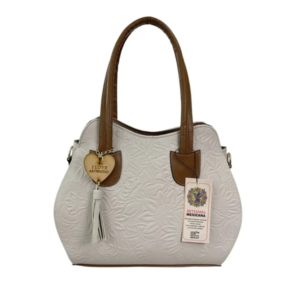 Light Beige Sunflower Embossed Tooled Artisan LEATHER Hobo Bag Purse Bolsa - Picture 2 of 14